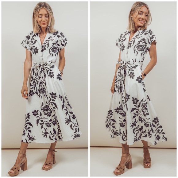 Miou Muse, Tiger Lily Floral Print Button-Down Linen Blend Midi Dress - Picture 9 of 16